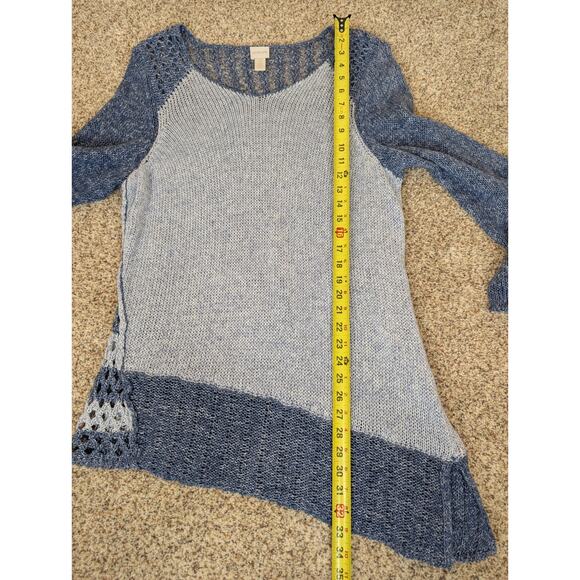 Chico's Whitney Pullover Sweater Light Dark Blue Asymmetrical Knit Crochet Sz L - Picture 6 of 10